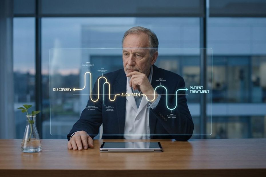 Scientist reviewing biotech drug development data in a laboratory, illustrating why biotech innovation takes years to reach patients