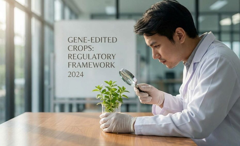 Scientist reviewing gene-edited crop seedlings in a greenhouse with regulatory documents