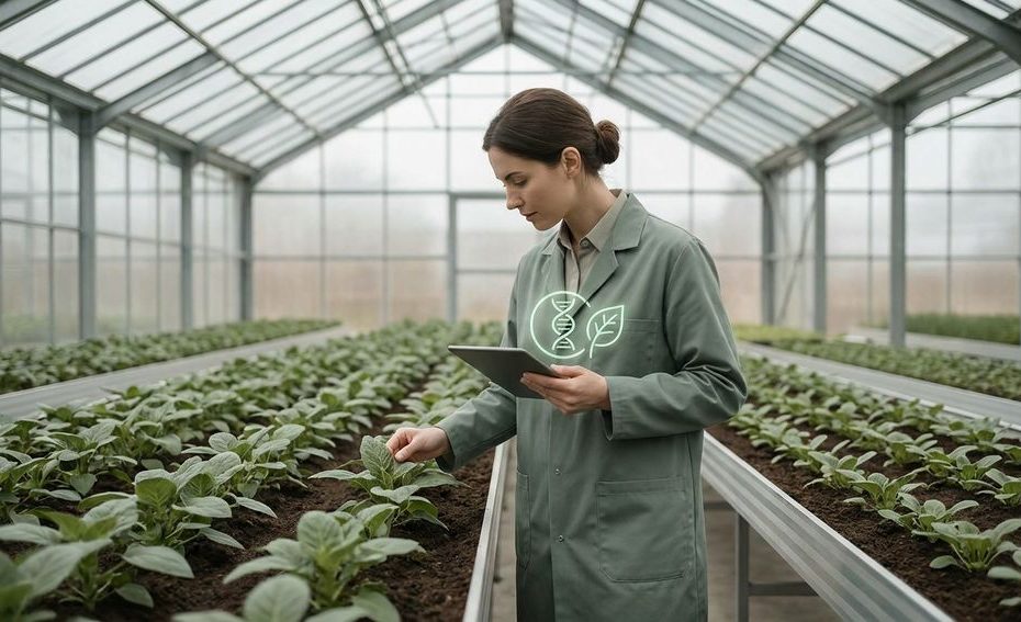 Researcher examining gene-edited crops in a greenhouse beside biomanufacturing equipment