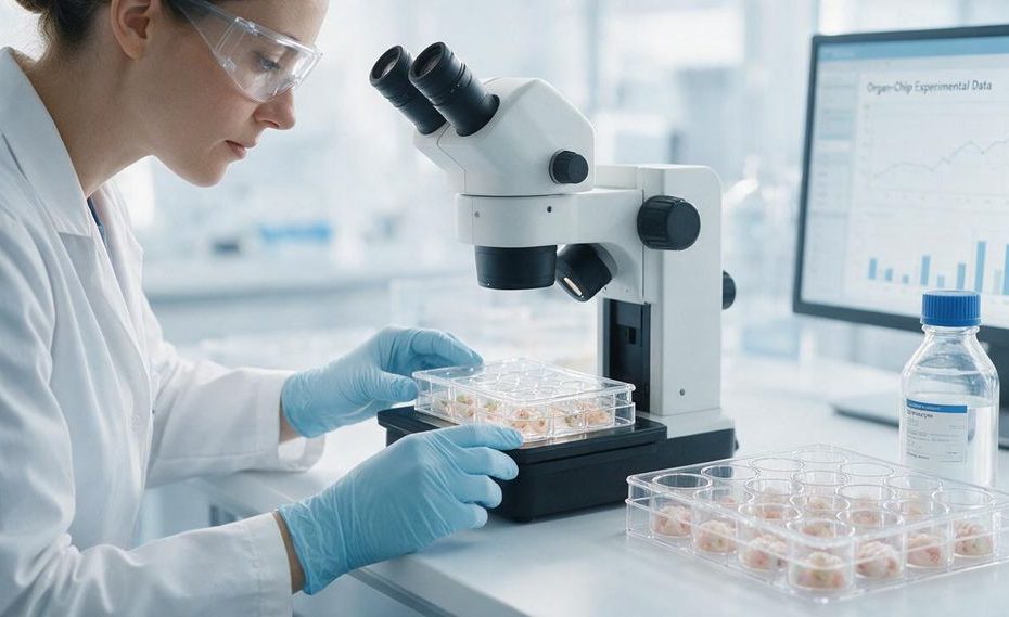 Scientist studying human cell models and an organ chip for animal-free drug testing in a laboratory