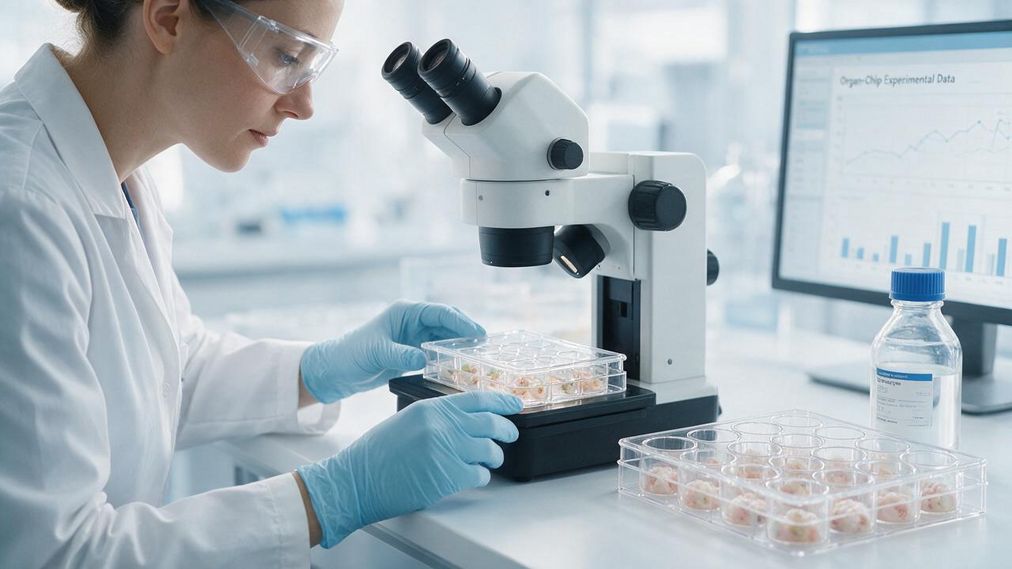Scientist studying human cell models and an organ chip for animal-free drug testing in a laboratory
