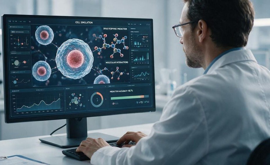 Researcher reviewing a virtual cell model on a computer screen in a laboratory