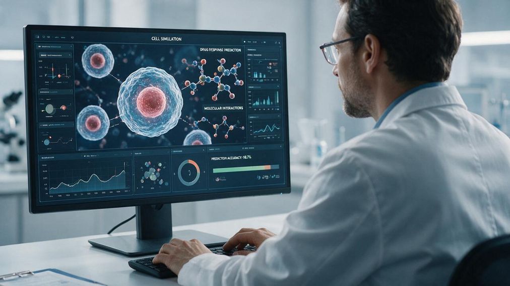 Researcher reviewing a virtual cell model on a computer screen in a laboratory