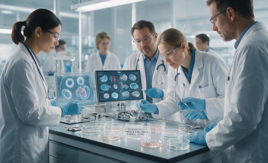 Scientists reviewing organ-on-a-chip data for preclinical safety testing in a laboratory