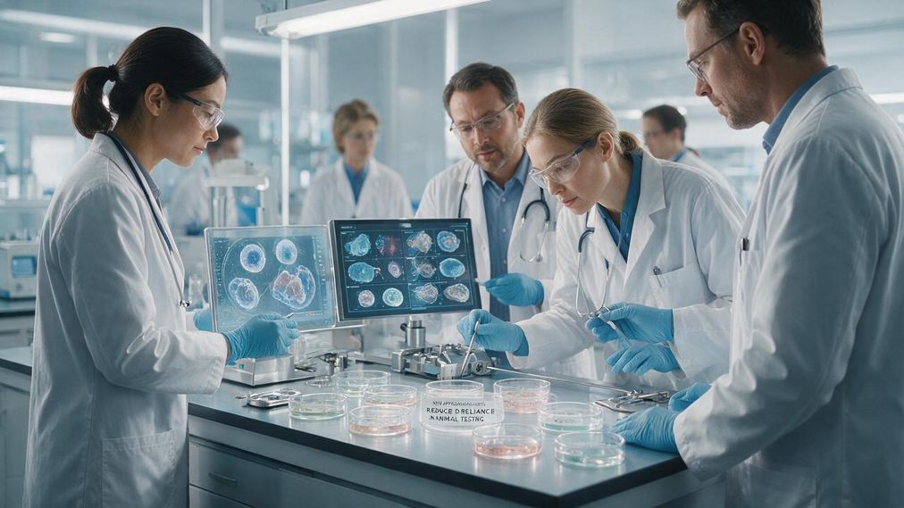 Scientists reviewing organ-on-a-chip data for preclinical safety testing in a laboratory