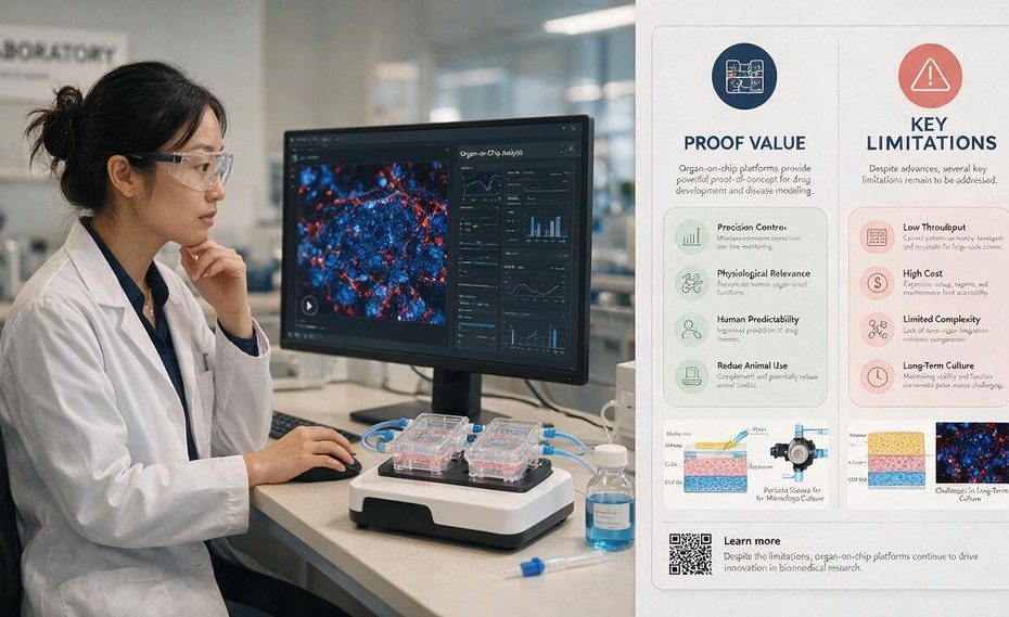 Scientist examining an organ-on-chip device in a laboratory for human tissue testing