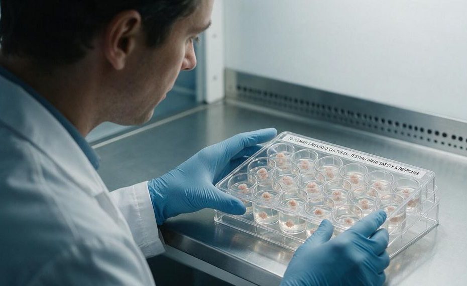 Scientist examining human organoid cultures in a laboratory for drug development research