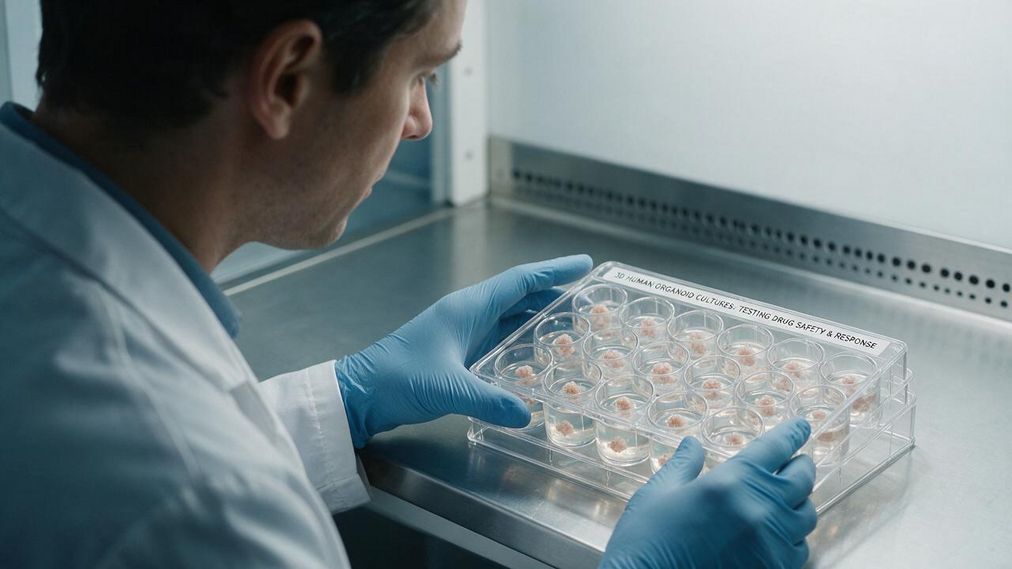 Scientist examining human organoid cultures in a laboratory for drug development research
